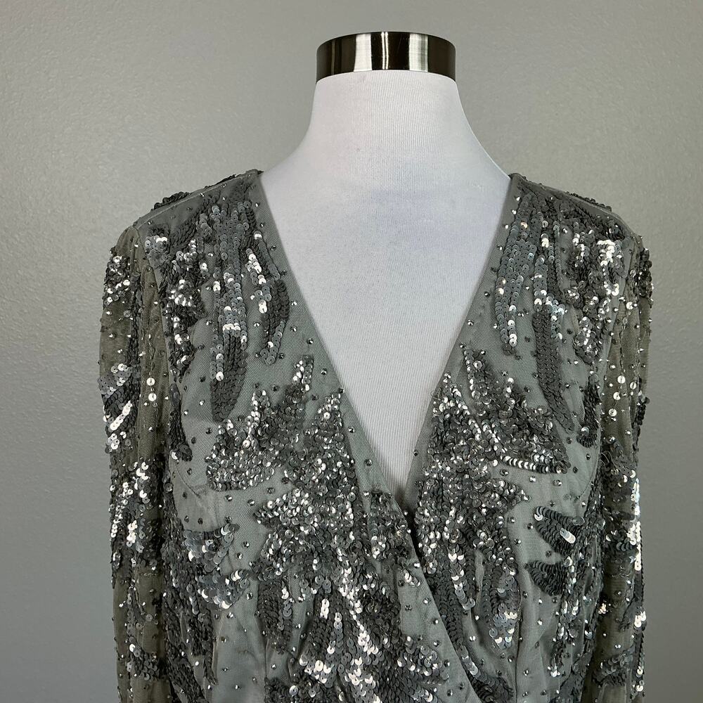 Mac Duggal 5222 Silver Evening Gown Sequined Long Sleeve A-Line Dress Size 12 - Picture 8 of 12